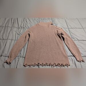 MAURICES Women's Fringe Distressed Cold Shoulder Beige Sweater size Large